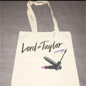Lord & Taylor Canvas Tote Bag Cream Makeup Graphic Lipstick Mascara Shopper NEW